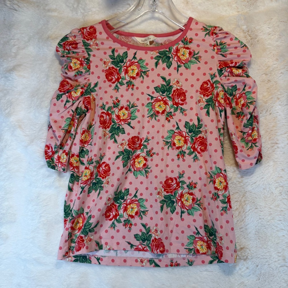 Matilda Jane Girls Pink Floral Polka Dot Puffed Sleeve Top Kids Size 12